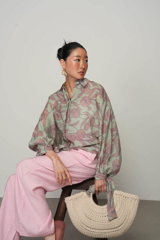 Oversize Kesim Koldan Bağlamalı Çiçek Desenli Gömlek - Valenne Collection