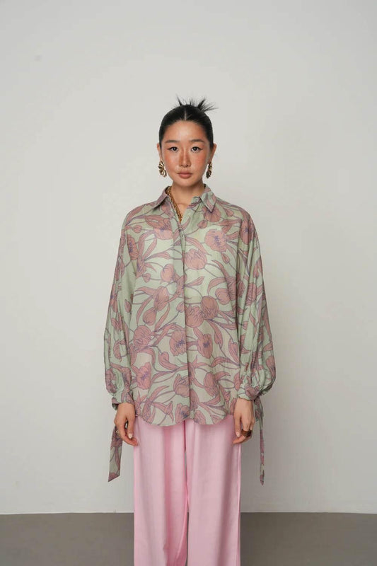 Oversize Kesim Koldan Bağlamalı Çiçek Desenli Gömlek - Valenne Collection