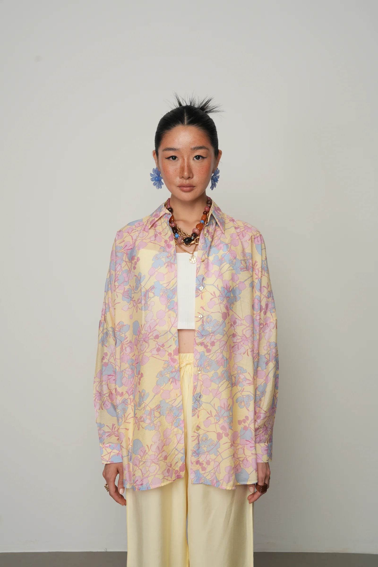 Çiçek Desenli Oversize Kesim Gömlek - Valenne Collection