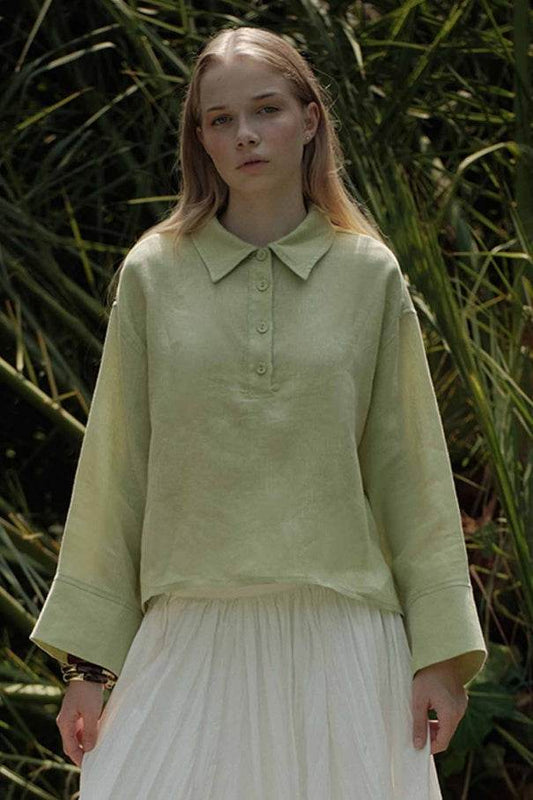 %100 Keten Düğmeli Dökümlü Elma Yeşili Bluz - Valenne Collection