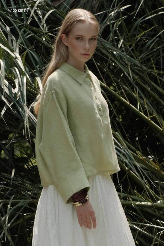 %100 Keten Düğmeli Dökümlü Elma Yeşili Bluz - Valenne Collection