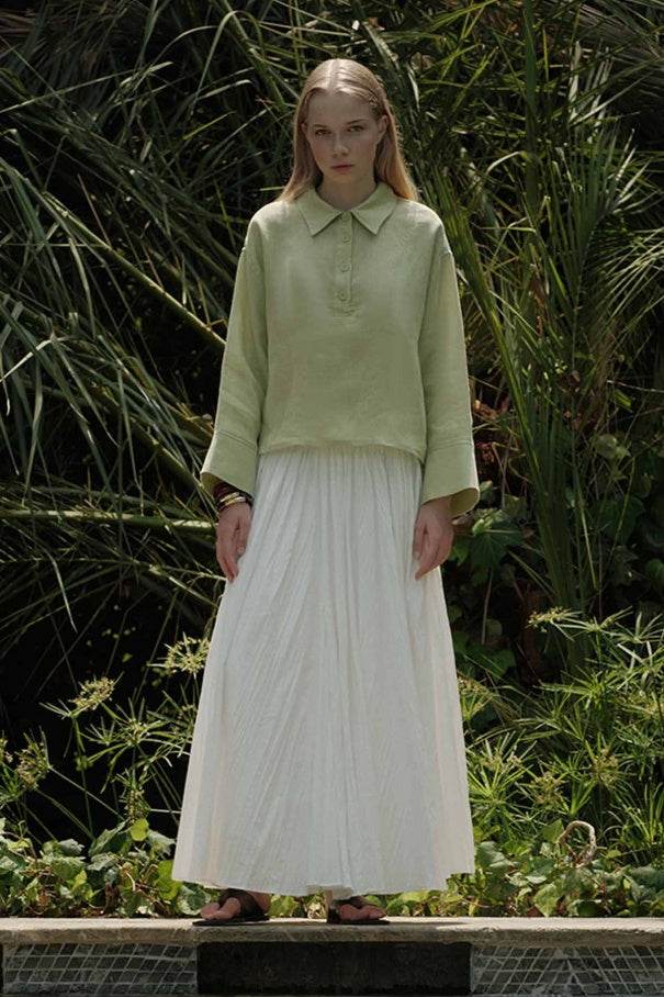 %100 Keten Düğmeli Dökümlü Elma Yeşili Bluz - Valenne Collection