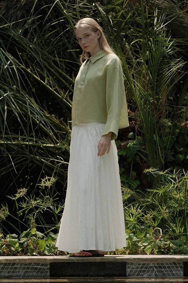 %100 Keten Düğmeli Dökümlü Elma Yeşili Bluz - Valenne Collection