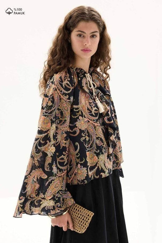 Etnik Desen Pamuk Vual Siyah Bluz - Valenne Collection