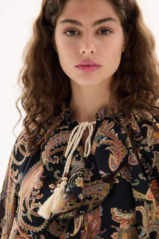 Etnik Desen Pamuk Vual Siyah Bluz - Valenne Collection