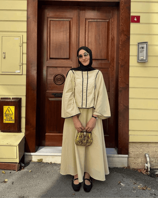 Şerit İşleme Detaylı Vual Butter Yellow Etekli Takım - Valenne Collection