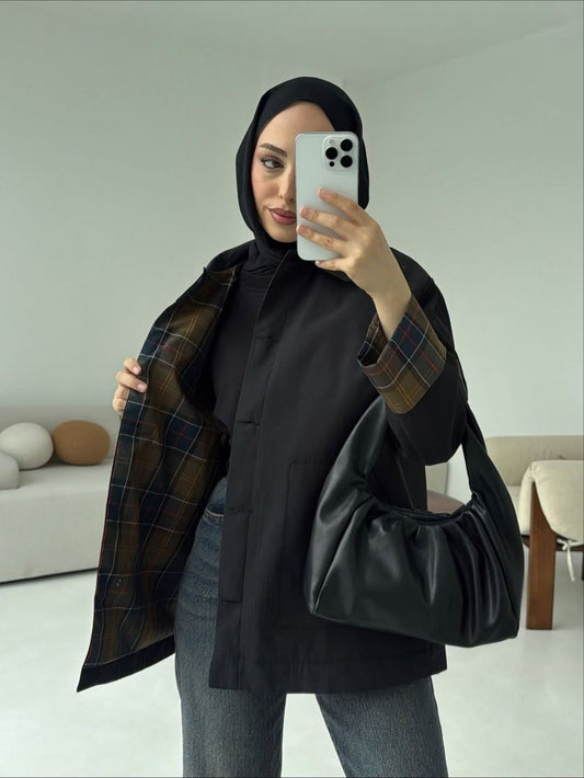 Ekose Garnili Trençkot Siyah