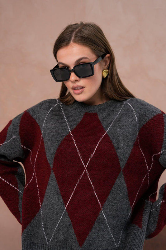 KIRMIZI BAKLAVA DESENLİ KAZAK - Valenne Collection