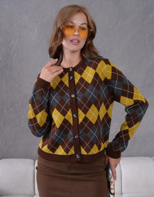 SARI BAKLAVA DESENLİ DÜĞMELİ UZUN KOLLU HIRKA - Valenne Collection