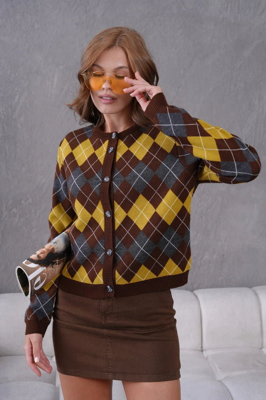 SARI BAKLAVA DESENLİ DÜĞMELİ UZUN KOLLU HIRKA - Valenne Collection