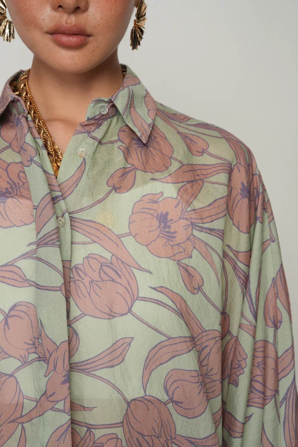 Oversize Kesim Koldan Bağlamalı Çiçek Desenli Gömlek - Valenne Collection