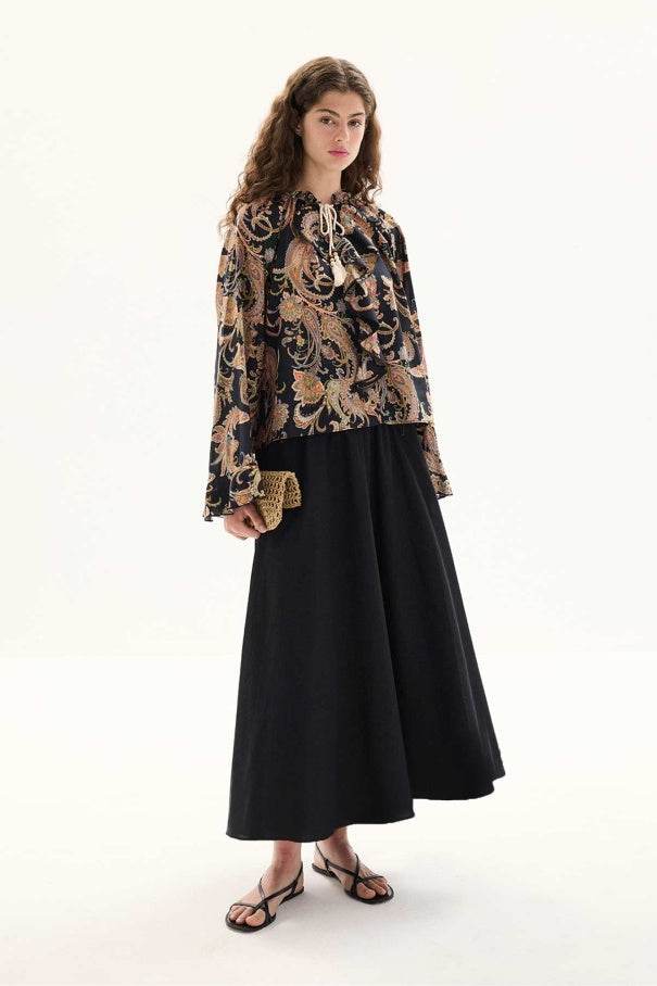 Etnik Desen Pamuk Vual Siyah Bluz - Valenne Collection