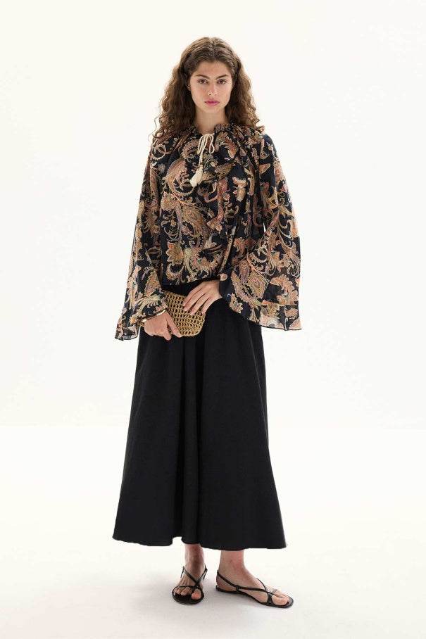 Etnik Desen Pamuk Vual Siyah Bluz - Valenne Collection