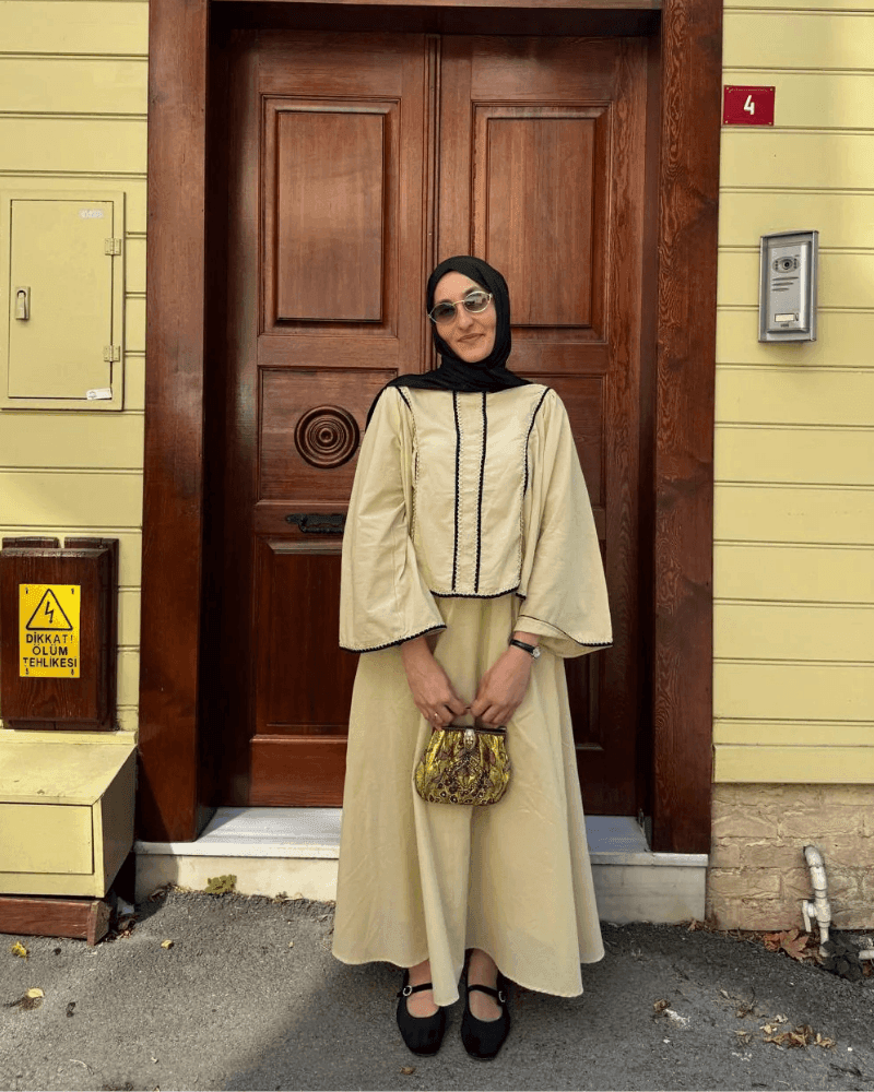 Şerit İşleme Detaylı Vual Butter Yellow Etekli Takım - Valenne Collection