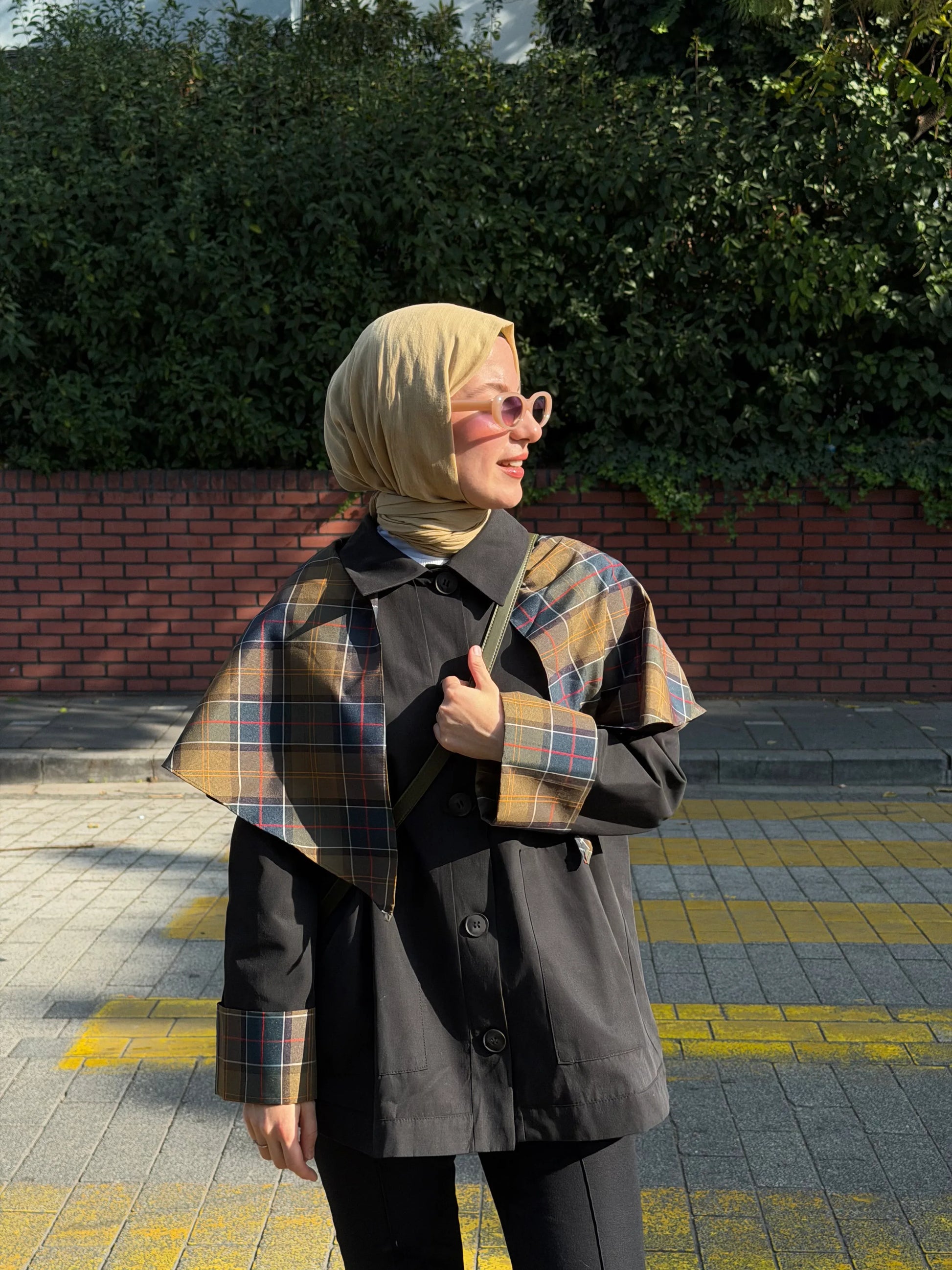 Ekose Garnili Trençkot Siyah - Valenne Collection