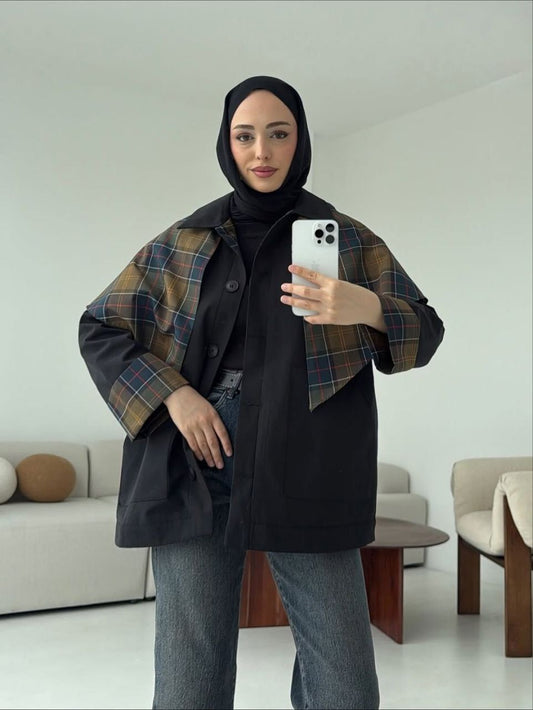 Ekose Garnili Trençkot Siyah