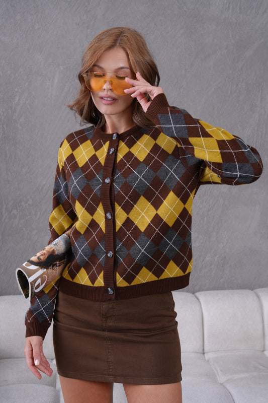 SARI BAKLAVA DESENLİ DÜĞMELİ UZUN KOLLU HIRKA